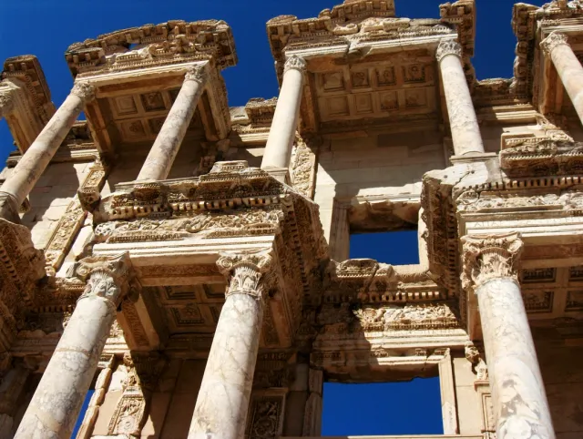 Well‑preserved Roman ruins at Ephesus, Temple of Artemis and Pamukkale's travertine terraces with Hierapolis hot springs. Guided heritage tours included.
