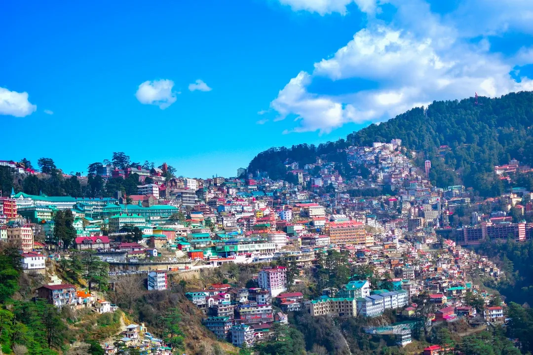 The vibrant cityscape of Shimla, with colorful houses and hotels covering the lush Himalayan hillside under a bright blue sky.